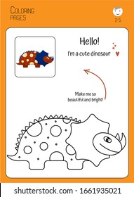Cartoon cute contour dinosaur on white background. Coloring book for kids, toddlers. Educational art card for preschoolers. Color pattern