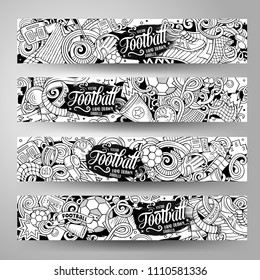 Cartoon cute contour vector hand drawn doodles Football corporate identity. 4 horizontal banners design. Templates set. All objects separate