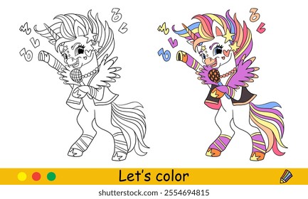 Cartoon cute cool rock music unicorn. Kids coloring book page. Unicorn character. Black contour on white background with color template. Vector illustration. For coloring, print, design, stickers