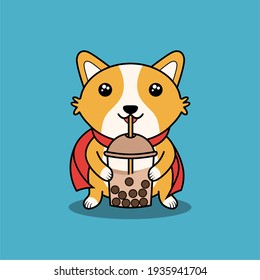 Cartoon Cute Corgi Drink Milk Tea Boba Vector Icon Illustration. Kawaii Animal Drink Icon Concept Isolated Premium Vector in Flat Style