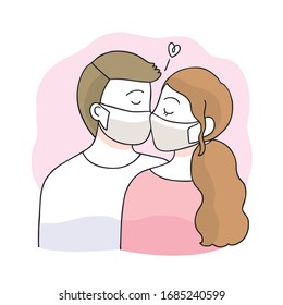 Cartoon cute Coronavirus, COVID-19, Copple kissing vector.