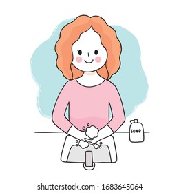Cartoon cute Coronavirus, COVID-19, Woman wash hands vector.