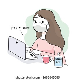 Cartoon cute Coronavirus, COVID-19, Woman working  at home vector.