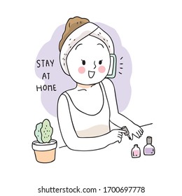 Cartoon cute Coronavirus, COVID-19, Woman stay at home vector.