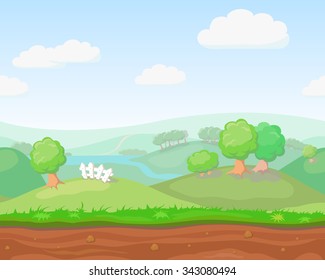 Cartoon cute  country seamless horizontal landscape, nature vector illustration