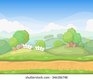 Cartoon cute  country seamless horizontal landscape, game background vector illustration