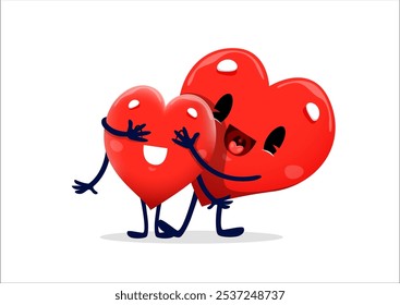 Dibujos animados lindo par de personajes de corazón con adivinar quién manos en los ojos, emoji de Vector emoticonos. Carácter alegre del corazón que hace la sorpresa romántica con los ojos cerrados para el día de San Valentín o el amor de la boda