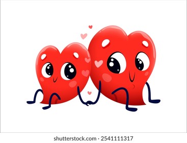 Desenhos animados casal bonito de personagens do coração no romance de amor, emoticons de vetor emoji. Personagens cardíacos alegres segurando por mãos e sentado de costas com corações de amor em namorados românticos