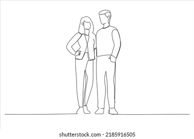 Cartoon of cute couple hugging. Continuous line art
