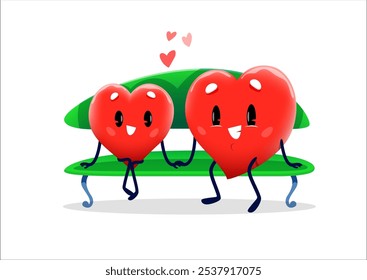 Cartoon cute couple of loving heart characters sitting on bench, vector emoji emoticons. Cheerful heart characters at romantic dating holding by hands and sitting on bench for Valentine day