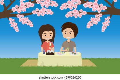 cartoon cute couple picnic and viewing sakura cherry blossoms vector