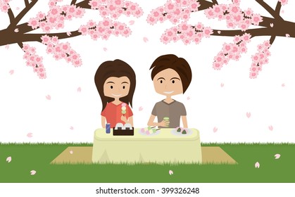 cartoon cute couple picnic and viewing sakura cherry blossoms, isolated on white background vector