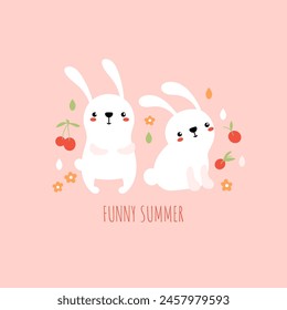 Cartoon cute couple of rabbits with cherry berries, flowers and leaves. Vector illustration. Can be used for baby t shirt print, fashion design, baby clothes, baby shower.