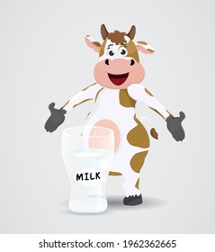 cartoon cute cow animal with glass of milk