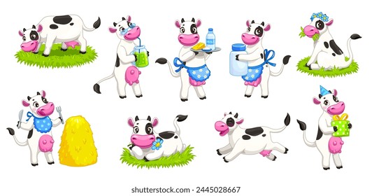 Cartoon cute cow characters, isolated vector set of kawaii farm animal parsonage with a heartwarming smile and pink cheeks, joyfully grazing on summer field, eating straw, play and giving milk