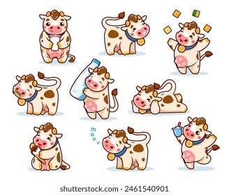 Cartoon cute cow characters with milk, happy animals of dairy farm vector personages. Funny kawaii cows with cute udders and horns, bells, glass and bottle of milk, grass, cheese and ice cream