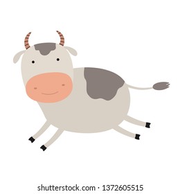 Cartoon cute cow. Emblem for printing. The running cow. Image is isolated on white background. Funny animal mascot.