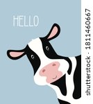 cartoon cute cow girl and inscription Hello, greeting card with charming pet on blue background, vector illustration