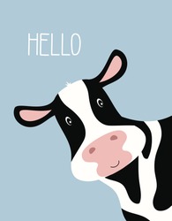 Cartoon Cute Cow Girl And Inscription Hello, Greeting Card With Charming Pet On Blue Background, Vector Illustration