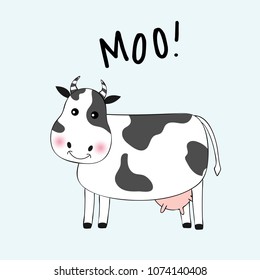 Cartoon cute cow girl and inscription Moo. Hand drawn Valentines Day Greeting card with charming pet on blue background. Vector illustration.