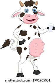 cartoon cute cow holding a glass of milk