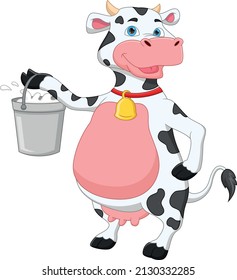 cartoon cute cow holding milk in a bucket