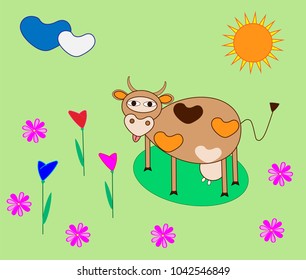 Cartoon cute cow in the meadow.  Summer sunny day.  Vector cover design for natural milk. All elements are located on separate layers.