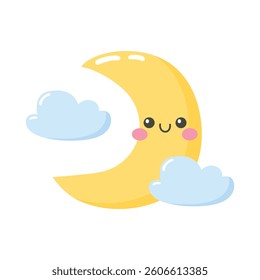 Cartoon cute crescent moon with clouds isolated on white background. Vector illustration