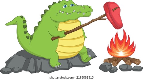 cartoon cute crocodile grilling meat on fire