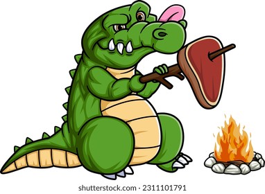 cartoon cute crocodile grilling meat on fire of illustration