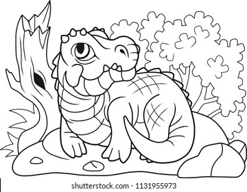 cartoon cute crocodile lies on the shore, funny illustration