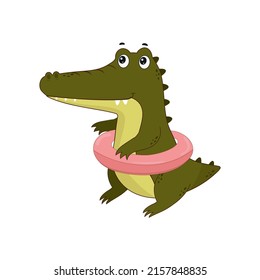 Cartoon cute crocodile in a pink swimm ring. Crocodile on a white background. Vector illustration for design and print