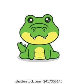 Cartoon Cute Crocodile Sitting With Adorable Cute Eyes Facing Forward , Vector Illustrator