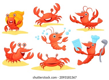Cartoon cute crustaceans. Prawns shrimp crab prawn lobster crawfish crayfish shellfish mascot, seafood characters, funny ocean and sea animals, icons vector illustration. Prawn and shrimp crustacean