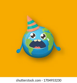 Caricatura tierno personaje de planeta tierra llorando con un sombrero funky aislado en el fondo naranja. Día de la Tierra o guardar la plantilla de póster de diseño de la Tierra con el divertido globo terrestre