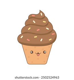 cartoon cute cupcake with chocolate cream and funny face