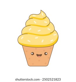 cartoon cute cupcake with yellow cream and funny face