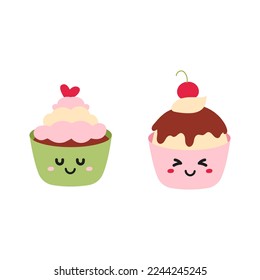 Cartoon cute cupcakes, with cream, vector illustration, cupcake stickers