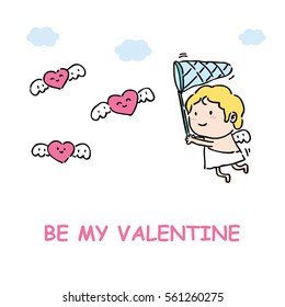 Cartoon cute cupid chasing flying love hearts, vector