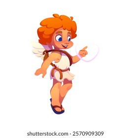 Cartoon cute Cupid or Cherub baby angel character drawing love heart with finger in air. Cupid with angel wings and bow vector personage of Valentine Day romantic love holiday, wedding and marriage