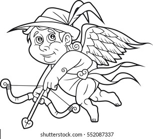 Cartoon cute Cupid flies in search of a target

