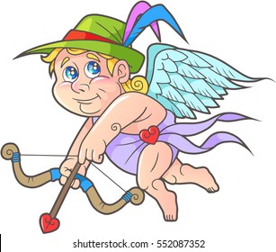 Cartoon cute Cupid flies in search of a target