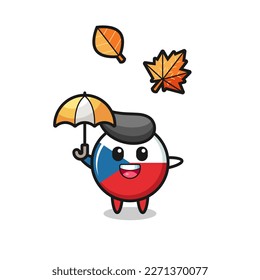 cartoon of the cute czech republic flag badge holding an umbrella in autumn , cute style design for t shirt, sticker, logo element