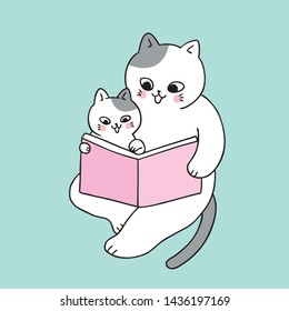 Cartoon cute dad and baby cat reading book vector.