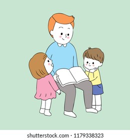 Cartoon cute daddy and baby reading vector.