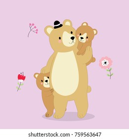 Cartoon Cute Daddy Bear And Little Bears Vector.