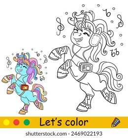 Cartoon cute dancing unicorn with player. Kids coloring book page. Unicorn character. Black contour on white background with color template. Vector illustration. For coloring, print, design, stickers