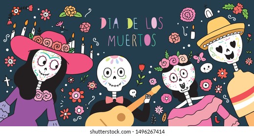 Cartoon cute Day of the dead vector.