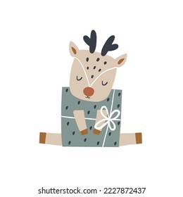 Caricatura preciosa en caja de regalo aislada en blanco. Antecedentes festivos. Listo para tarjetas, afiches. Ilustración del vector