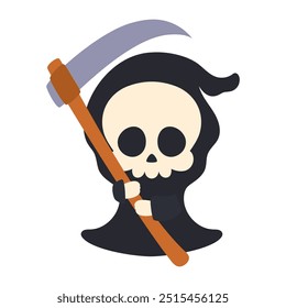 cartoon cute death with scythe in black hood isolated on white background, halloween skeleton death costume